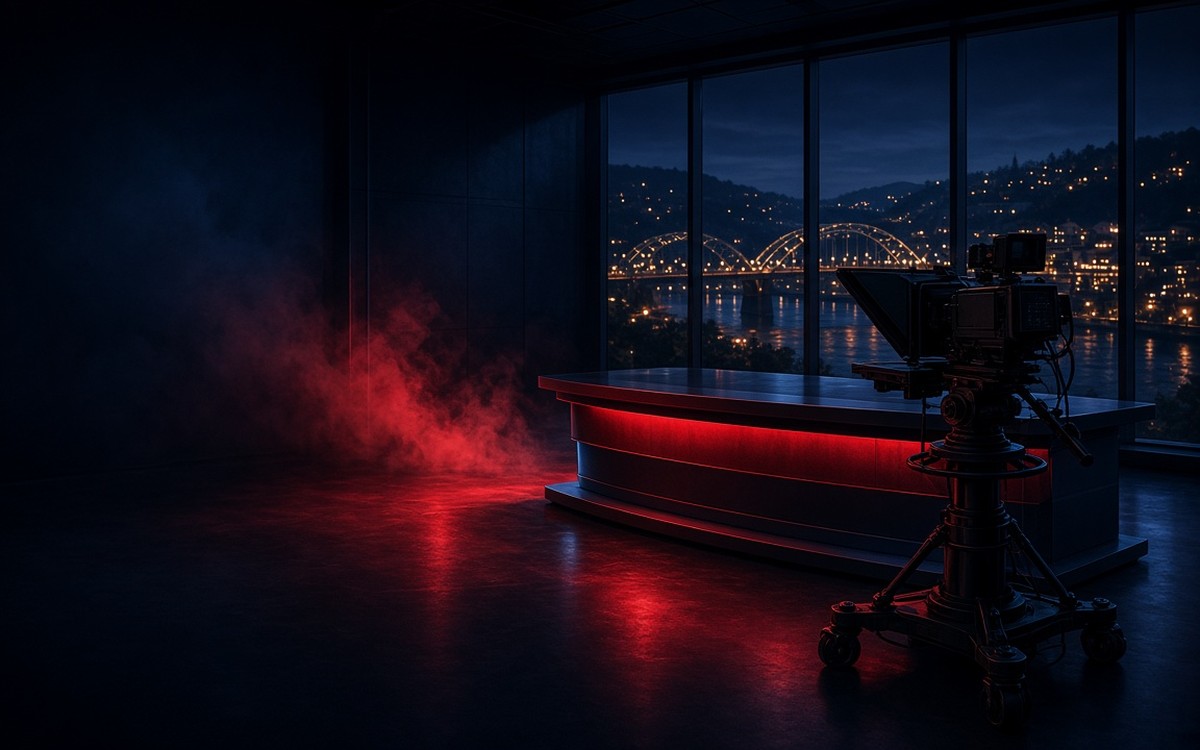 An empty broadcast studio at night, with a red-lit anchor desk, a studio camera on a pedestal and red haze, and tall windows looking out on a river city with lit arch bridges and hillside lights. Illustration created with AI.