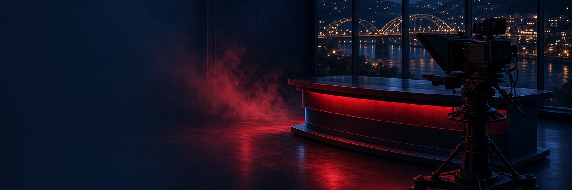 An empty broadcast studio at night, with a red-lit anchor desk, a studio camera on a pedestal and red haze, and tall windows looking out on a river city with lit arch bridges and hillside lights. Illustration created with AI.