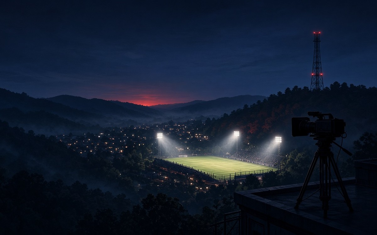 A video camera on a tripod on a rooftop overlooks a floodlit high school stadium in a misty wooded valley at night, with a broadcast tower topped by red lights on the hill above. Illustration created with AI.
