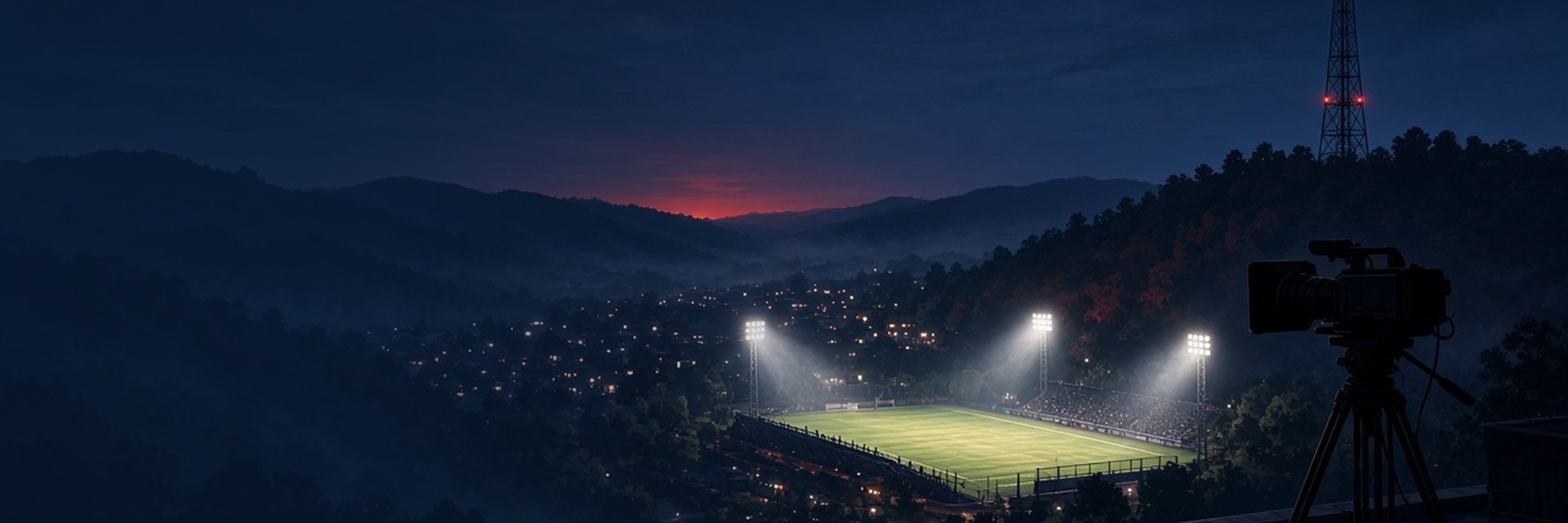 A video camera on a tripod on a rooftop overlooks a floodlit high school stadium in a misty wooded valley at night, with a broadcast tower topped by red lights on the hill above. Illustration created with AI.