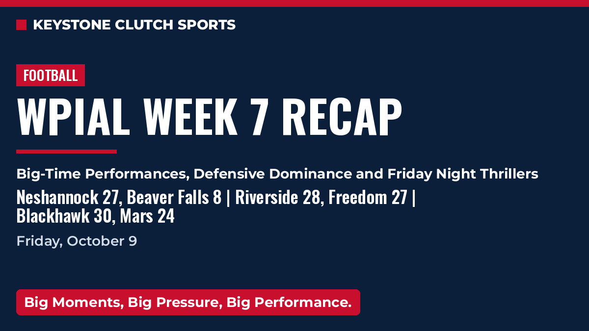 Keystone Clutch Sports graphic. Football: WPIAL Week 7 recap. Big-Time Performances, Defensive Dominance and Friday Night Thrillers. Neshannock 27, Beaver Falls 8 | Riverside 28, Freedom 27 | Blackhawk 30, Mars 24. Friday, October 9. Big Moments, Big Pressure, Big Performance.