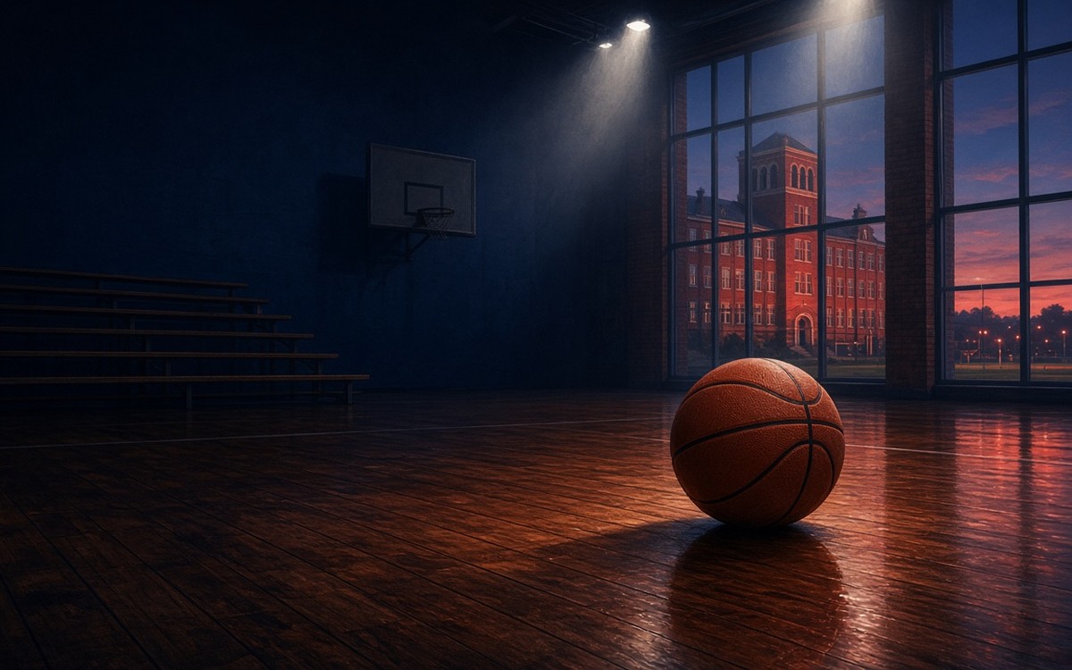 A basketball rests on a glossy hardwood gym floor under overhead lights, with empty wooden bleachers in the shadows and a red-brick high school building glowing at dusk through tall windows. Illustration created with AI.