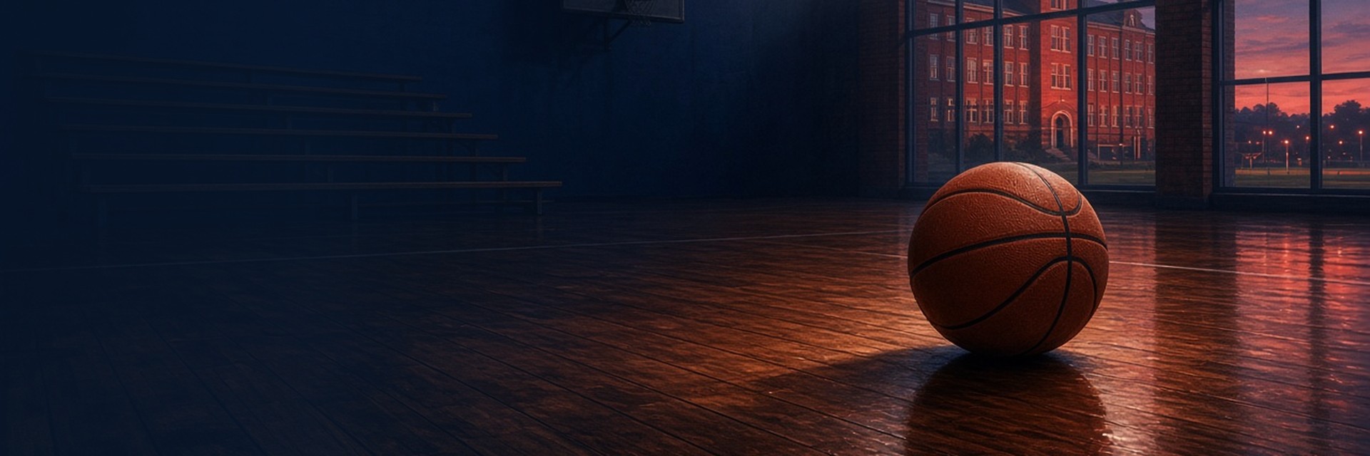 A basketball rests on a glossy hardwood gym floor under overhead lights, with empty wooden bleachers in the shadows and a red-brick high school building glowing at dusk through tall windows. Illustration created with AI.