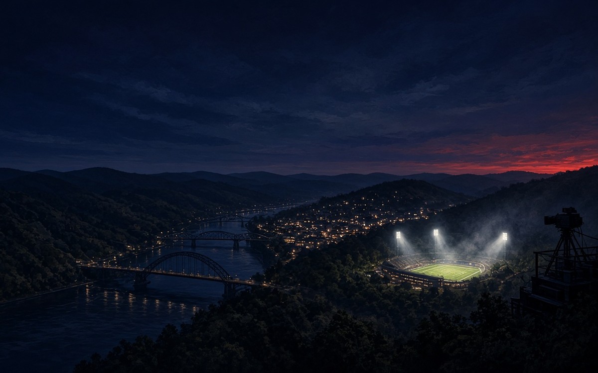 A night panorama of a Western Pennsylvania river valley, with lit arch bridges over a dark river, wooded hills, a hillside town and a floodlit high school stadium glowing in the valley, while a broadcast camera on a riser overlooks the scene under a navy sky with a red glow on the horizon. Illustration created with AI.